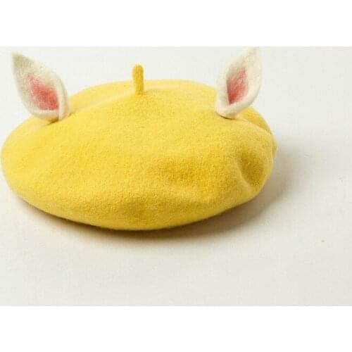 2021 Hot 6 color handmade cartoon ear decoration woolen beret painter hat Mori parent-child woolen hat