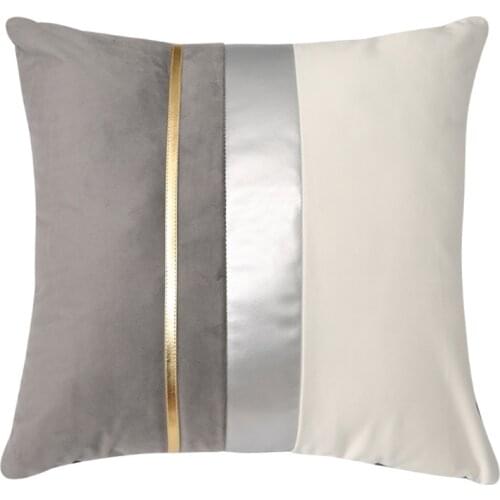 50LB Modern Color Block Patchwork Velvet Throw Pillow Case with Striped Faux Leather Luxury Decorative Cushion Cover