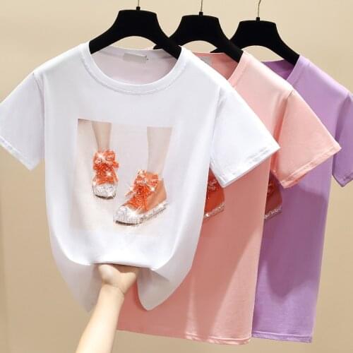 To film in European heavy industry sequined white cotton short sleeve T-shirt girl summer European goods loose half sleeve blous