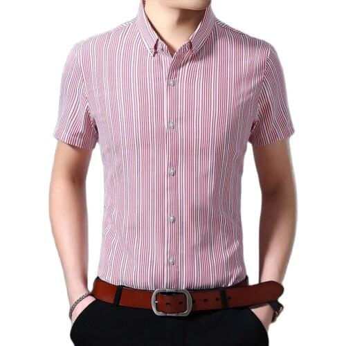 CW 2021 Summer Men Shirt Fashion Striped Dress Shirts Slim Fit Short-sleeve Camisa Masculina Mens Clothing C436