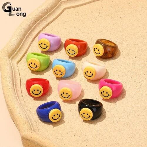 GuanLong 2021 Colorful Smiley Rings for Women Minimalist Acrylic Punk Vintage Ring for Girls Summer Friends Couple Fashion Gifts