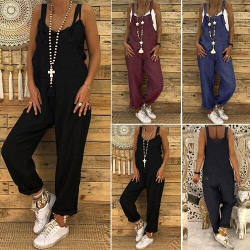 Women Casual Loose Jumpsuits Solid Vintage Summer Cotton Linen Wide Leg Pants Female Strap Sling Overalls Long Rompers Plus Size