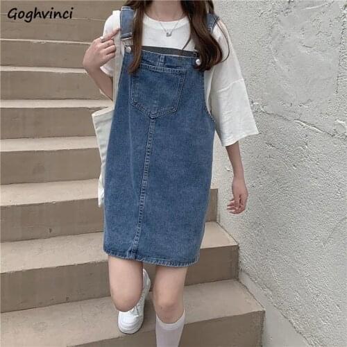 Summer Dress Women Mini Straight Denim Vinatge Students Pockets Strap Teens Ladies All-match Leisure Chic Lovely Popular Soft