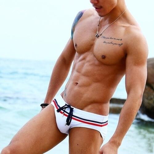 New 2019 summer beach swim shorts men swimwear sunga sexy stripe swimsuit men pool swim briefs spa bathing suits surf swim trunk