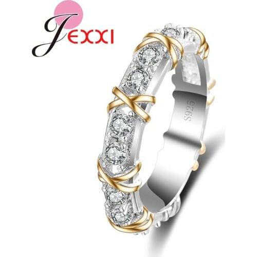 Fashion Jewelry Golden "X" Cross Beautiful Design Promise Ring With Shiny White Cubic Zirconia Crystal