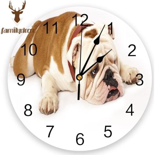English Bull Dog Sad Funny Dog Printed PVC Wall Clock Modern Design Home Decor Bedroom Silent O'clock Watch Wall For Living Room