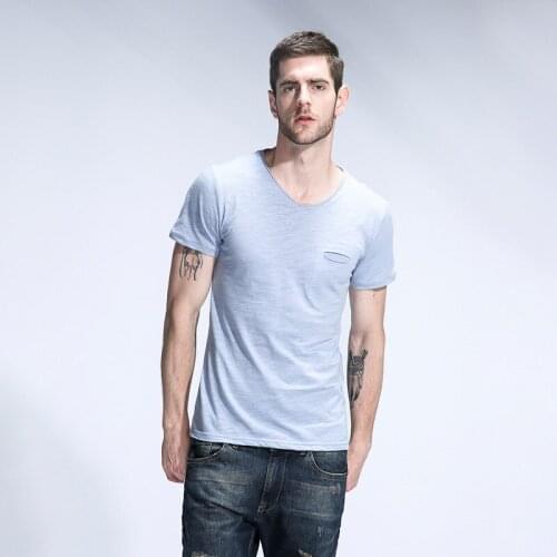 2020 Summer New T-shirt Solid Slim Half Sleeve Slubby Cotton Short Sleeve Mens Pocket Decoration