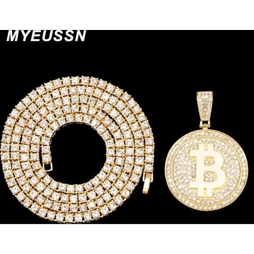 New Iced Out Bitcoin Pendant Necklace With 4mm Tennis Chain Iced Out Bling Chain Necklace For Men Rhinestone Cuban Link Chain