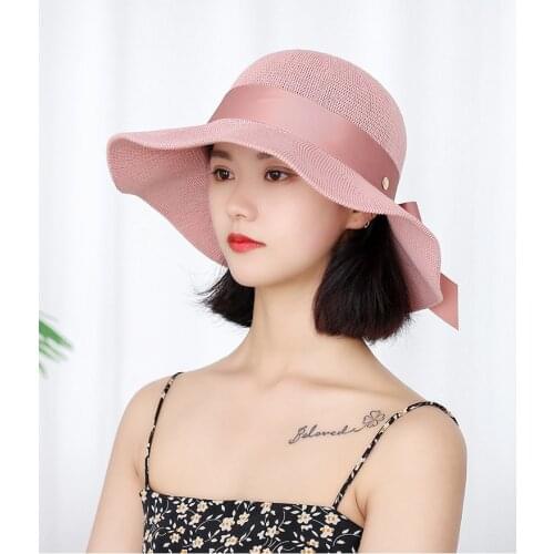 2021 New Leisure Sweet Fisherman Hat With Bowknot Female Big Brim Knitted Hat Outing Sunscreen Breathable Hat Beach Hat