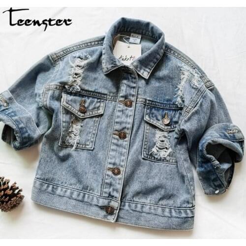 Teenster Kids Jackets for Girls Summer Fashion Broken Hole Coats Autumn Toddler Children Outwear 2-7 Years Denim Jacket Clothes