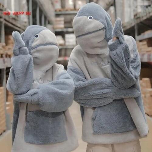 Kawaii Cute Couple Hoodies Unisex Shark Hooded Oversized Sleeve Sweatshirt Pocket Kvindes Frakke Wearable Sweatshirt Tops Blue