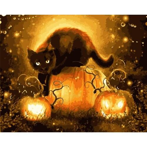Pumpkin black cat Animal DIY Drawing Painting by Numbers Lage Size Picture on Wall Decoration Children Gift 40x50 50x65cm