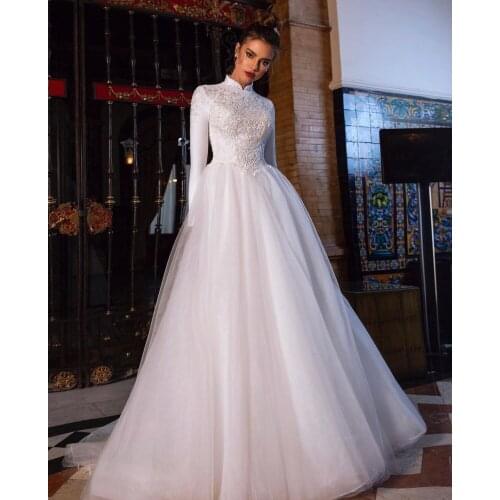 Vintage Wedding Dress A-Line High Neck Full Sleeve Lace Appliques Sequined Beads Zipper Floor Length Sweep Train Bride Gown New