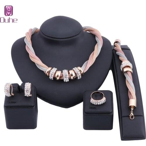 African Beads Jewelry Sets 3 Color Chain Necklace Bangle Earrings Rings Crystal Party Wedding Gold Color Bridal Collar Sets