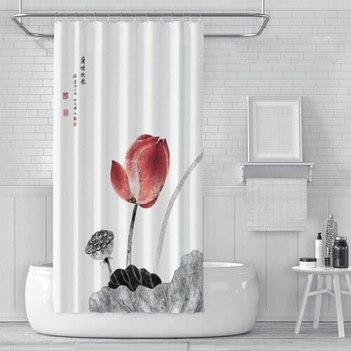 Ink Painting Shower Curtain Red Lotus Ink Color Lotus Bath Curtain Waterproof Bathroom Curtain with Hooks 180x180cm