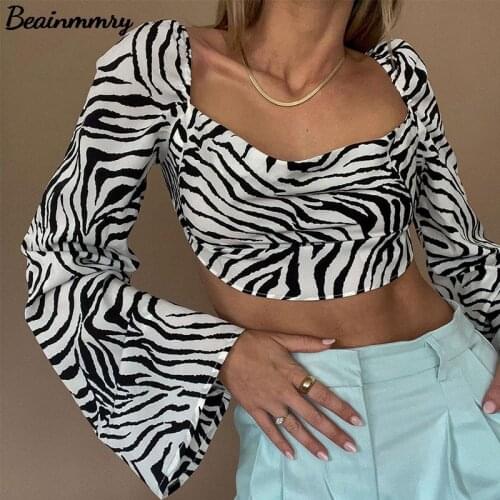 Za 2021 Women Sexy Backless Zebra Stripes Slim Blouses Summer Fashion Casual Female Bat Sleeve Square Collar Lace Up Tops