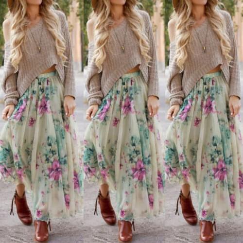 Women Floral Print Chiffon Skirt Ladies Women High Waist Floral Evening Party Long Maxi Skirt Beach Skirt