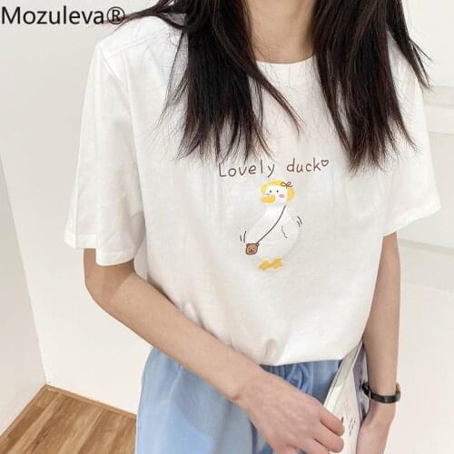 Mozuleva Cartoon Duck Print T-shirt Women Short Sleeve Loose Pure Cotton Tops 2021 Female Basic Shirt Spring Summer Ladies Tee