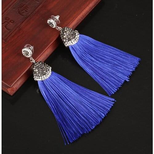 KEJIALAI 14 Color Vintage Bohemian Crystal Long Silk Tassel Earring Women Rhinestone Charm Stainless Steel Dangle Drop Earrings