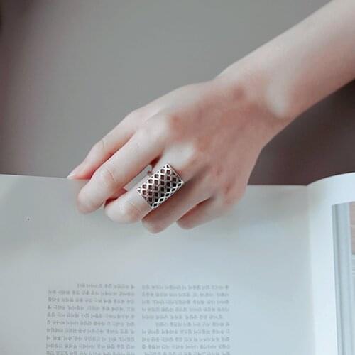 New Personality Hollow Mesh Creative Rectangle 925 Sterling Silver Jewelry Not Allergic Fashion Geometric Opening Rings