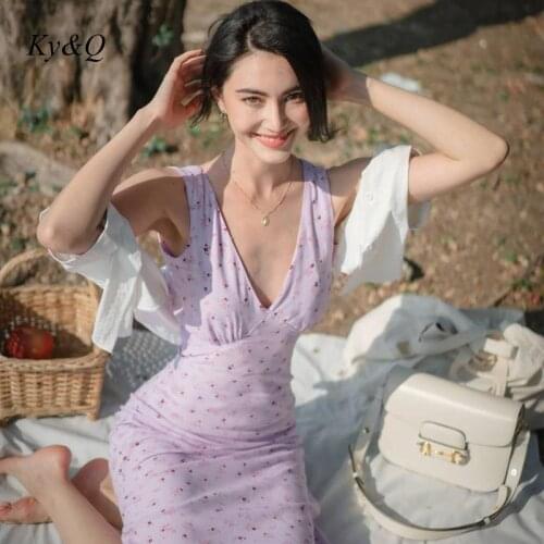 Summer New Chiffon Floral Dress Fashion Sexy Age Reduction V-Neck Women Chic Purple Slim Sleeveless Holiday Style Long Dresses