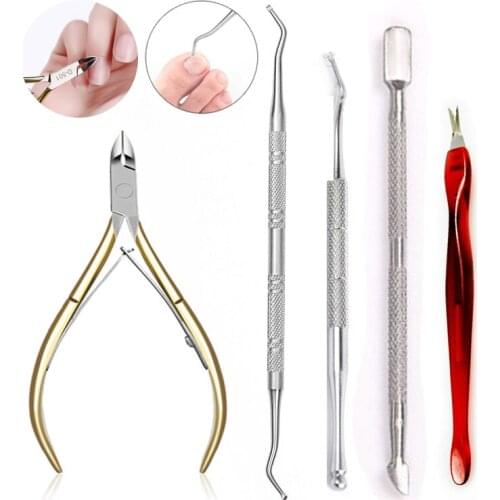 4-2Pcs Stainless Steel Nail Cuticle Pusher Tweezer Nail Scissor Cutter Nipper Clipper Dead Skin Remover Pedicure Manicure Tool