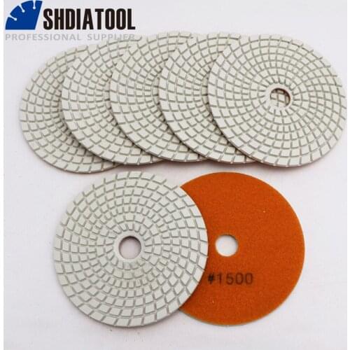 SHDIATOOL 7pcs 4" diamond wet flexible polishing pads B #1500 for granite stone marble 100mm White bond sanding disc