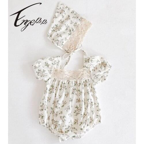 Engepapa Newborn Baby Girls Flower Jumpsuit+Hat Summer Infant Baby Girls Cotton Short Sleeve Bodysuits Baby Girls Clothes