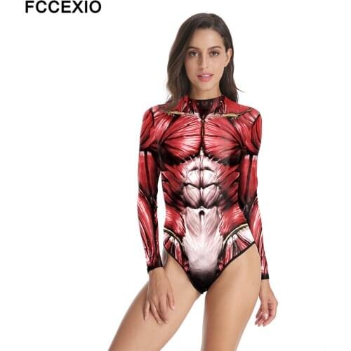 FCCEXIO Extremely Muscular Print Women One-Piece Swimsuit Summer Casual Long Sleeve Beachwear Bathing Suit Sexy Tight Swimwear