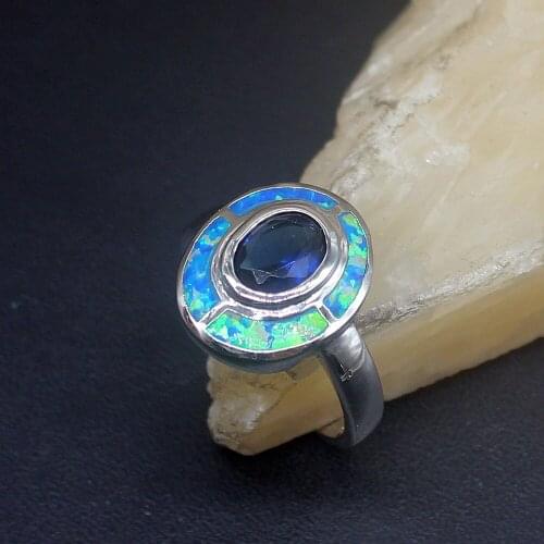 Hermosa Natural Gemstone Blue Opal Sapphire Genuine 925 Silver Band Ring Wedding Engagement Gifts for Women Size 8# 20214285