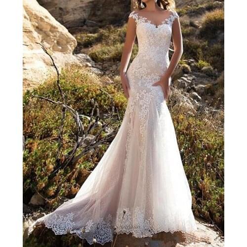Illusion Mermaid Light Champagne Wedding Dress Cap Sleeve Lace Bridal Gown
