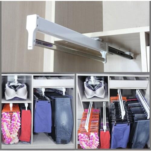 Hot Pull-Out Closet Valet Rod Adjustable Wardrobe Clothing Rail Top Mount Wardrobe Hanger Rack Bar Ball Bearing Slide Heavy Duty