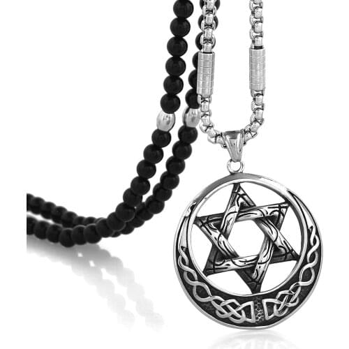 Mens Stainless Steel Hexagram Amulet Pendant Necklace with Black Natural Stone Necklace 27 inch Chain
