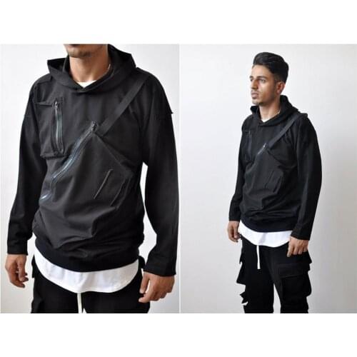 2020 Front Chest Pocket Dark Hooded Hong Kong Style Street Fashion Mens Punk Casual Long T Black Slim Fit - Tactical Ho