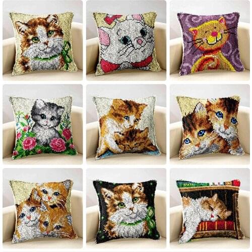 Animal DIY Latch Hook Rug Kit 3D Segment Embroidery Pillow Wool Cross Stitch Carpet Set Crafts Cat Dropshipping Knoopkussen