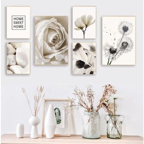 White Rose Flower Feather Dandelion Wall Art Canvas Painting Nordic Posters And Prints Plant Wall Pictures For Living Room Decor
