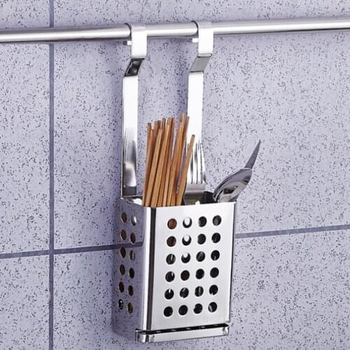 Stainless Steel Hanging Kitchen Tableware Tube Chopsticks Cage Dinnerware Holder - Silver