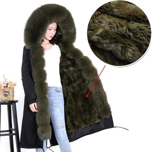2020 new army green fox fur over-the-knee pie overcame womens thick rabbit fur liner winter long jacket top detachable