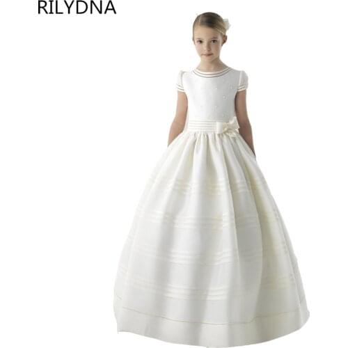 New Arrival Flower Girl Dress 2020 First Communion Dresses For Girls Short Sleeve Belt With Flowers Customized