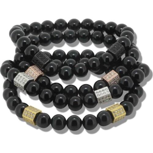 Wholesale 8mm Black Onyx Stone Beads Bracelet High Quality Micro Pave Copper Zircon Men Bracelet