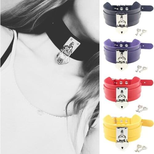 Gothic Punk PU Leather Lock Key Heart Metal Collar Choker Necklace Body Birthday Party Gift Chocker Jewelry