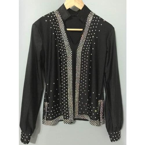 New style men latin dance costumes senior spandex stones long sleeves latin dance shirt for men latin dance shirts S-4XL