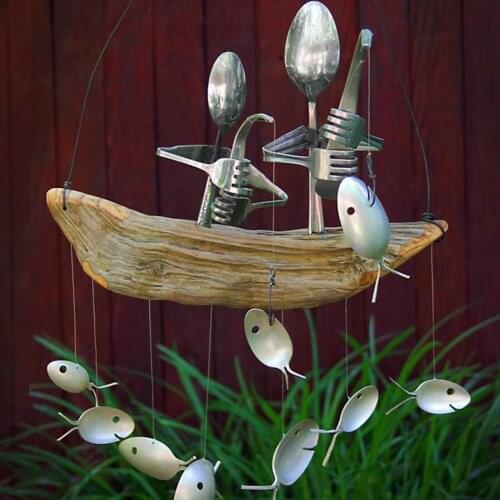 Fishing Man Spoon Fish Sculptures Wind Chime Indoor Outdoor Hanging Ornament Decoration STTA889