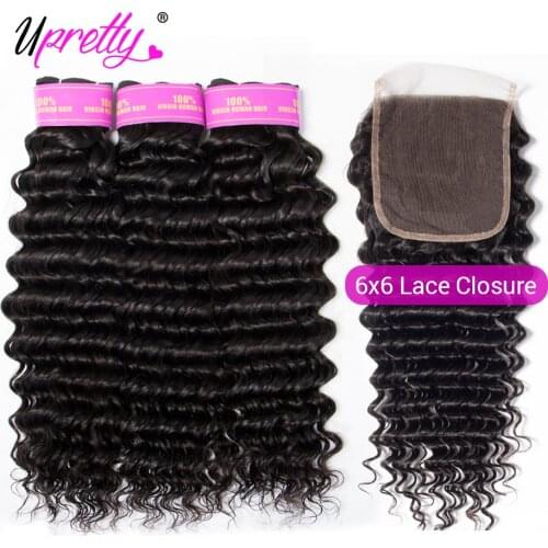 Upretty 6x6 Lace Closure With Bundles Brazilian Deep Wave Bundles With Closure Remy Human Hair Deep Curly Bundles With Closure