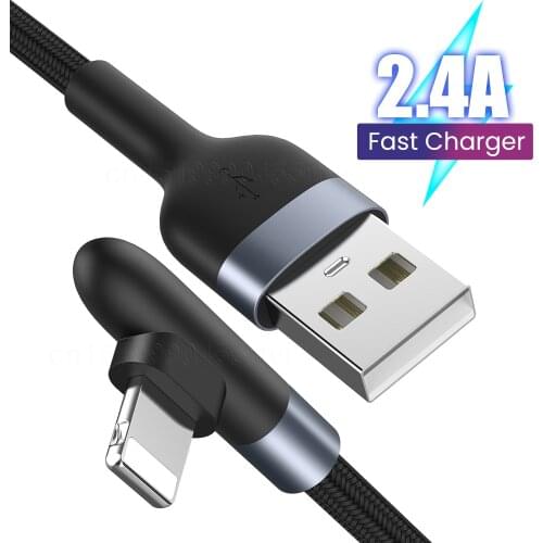 90 Degree USB Charging Cable For iPhone 12 11 Pro Max X XR XS 8 7 6 6s 5 5s L-shape 2.4A Fast Charge USB Data Cable 1.2/2M