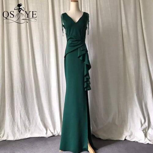 Green Long Prom Dress Stretch Ruffles Emerald Evening Dress V Neck Formal Party Gown Split Dress Beading Ruched Women Prom Gown