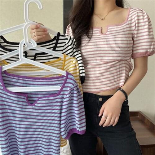 Woman TShirts Puff Sleeve Square Collar Striped Knitted Womens Summer 2021 Top Crop Top Mujer Camisetas