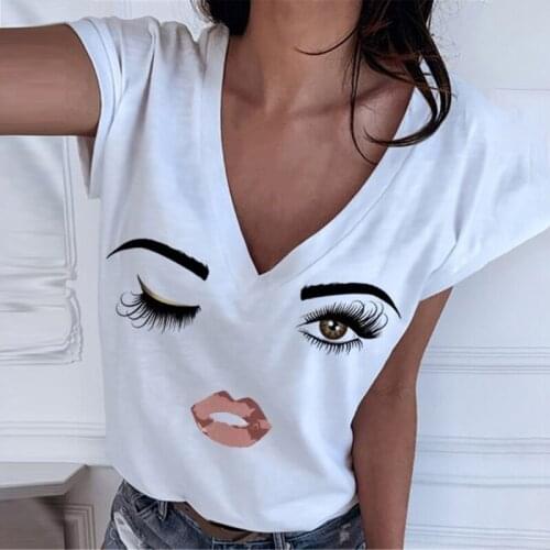Women Fashion Casual V Neck Tshirts Summer Top Tee Tops Tee-Shirt Cutout Eyes Print Short Sleeve Casual T-shirt