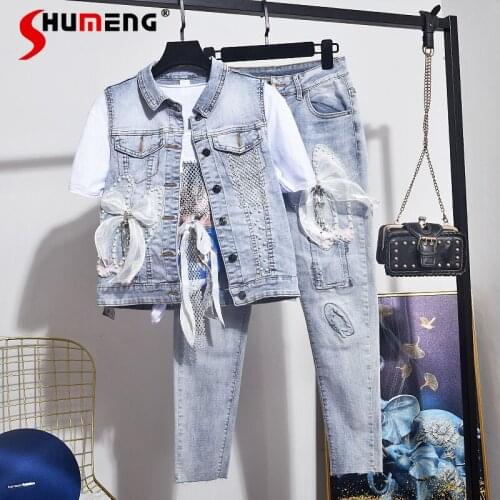 Ladies Two-Piece Denim Suit Womens Fashion 2021 Spring Three-Dimensional Diamond Short Denim Vest Stretch Jeans Suit Youthful