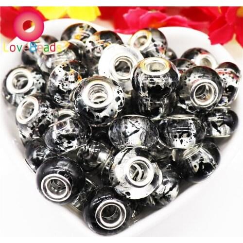 10Pcs Black Color Flower Art Print Resin Murano Round Rondelle Spacer Beads Large Holes Fit Bracelet Snake Chain Jewelry Making